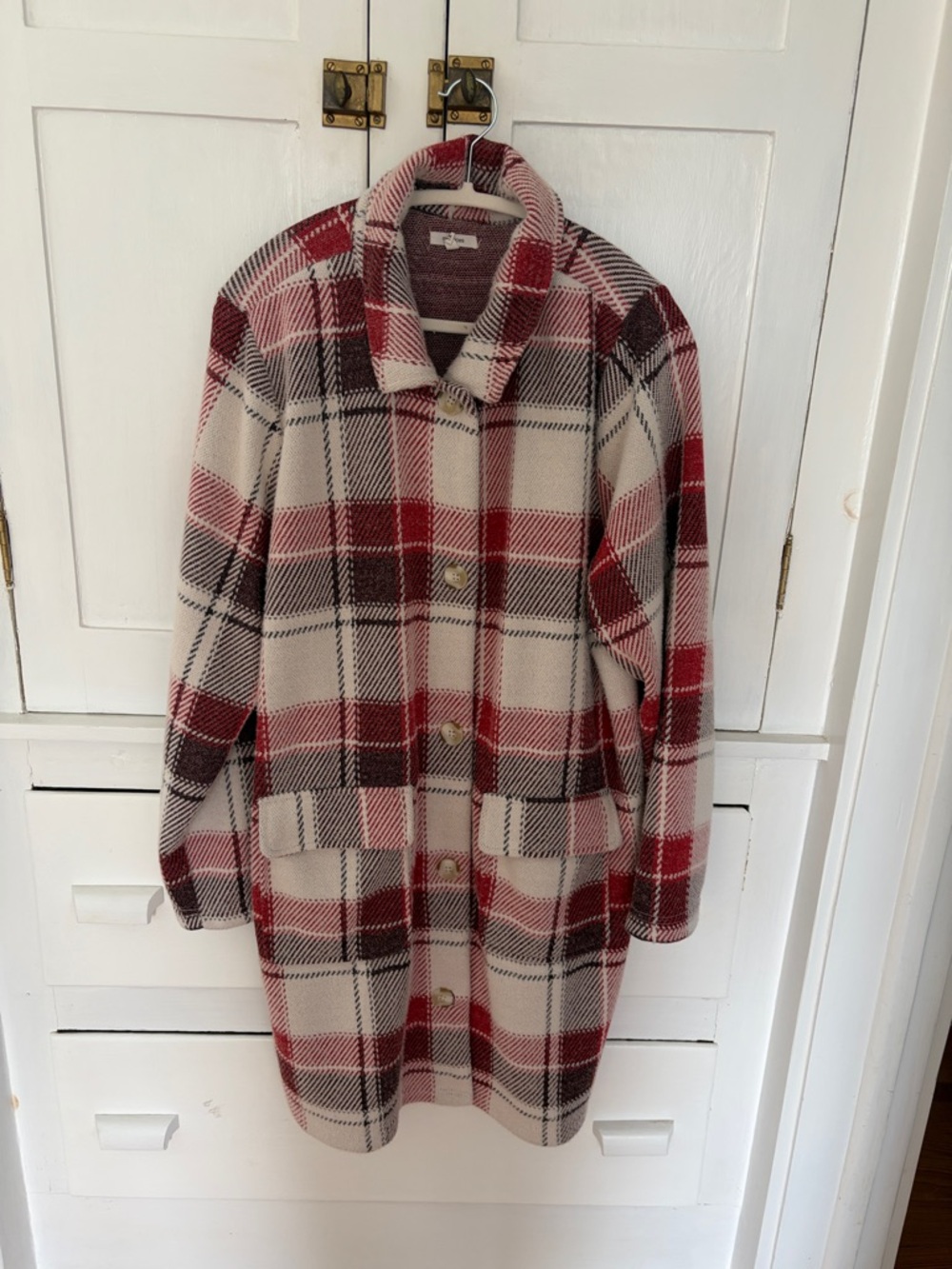 Maurices Red & Cream Plaid Pea Coat